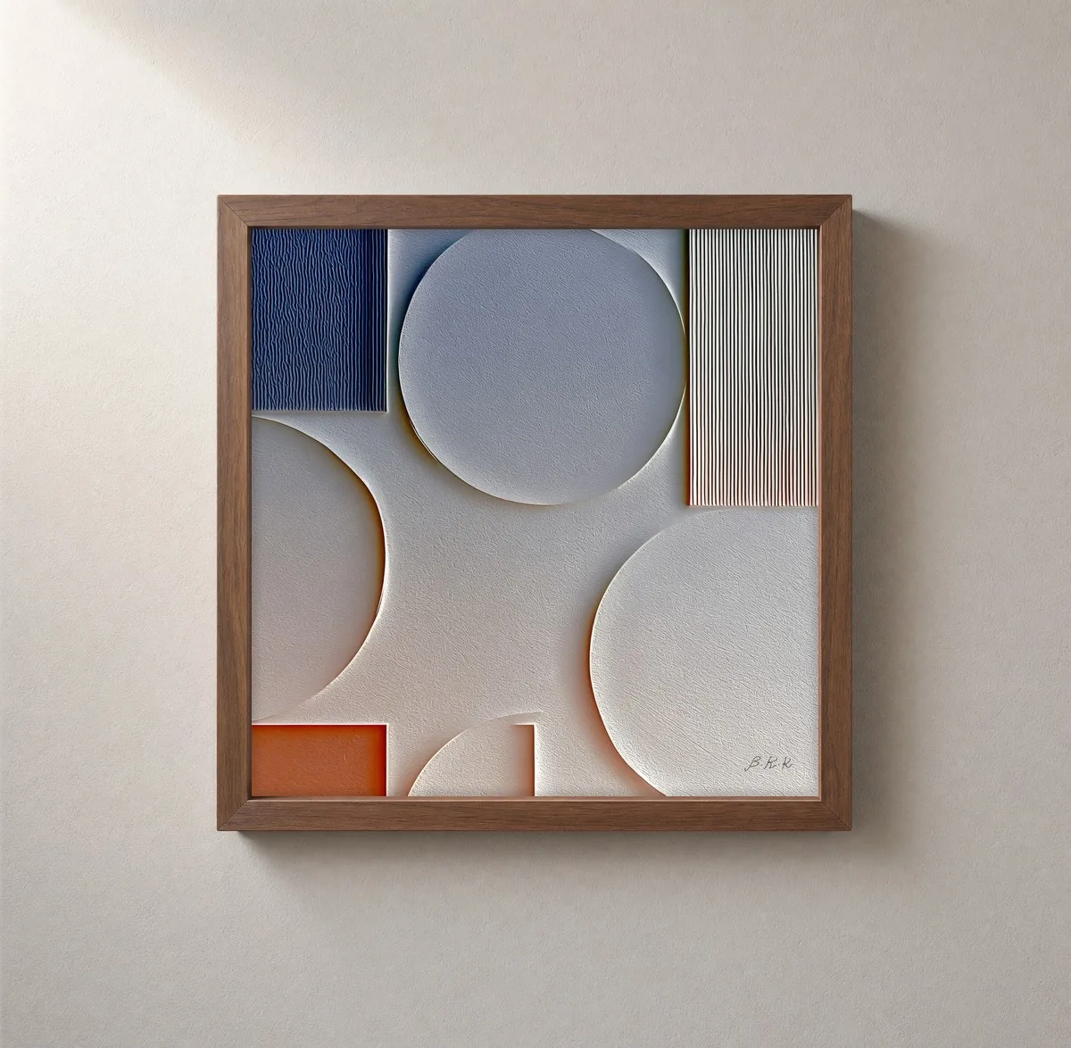 Pale Discs and Pinstripes by Bassem, framed print on a wall