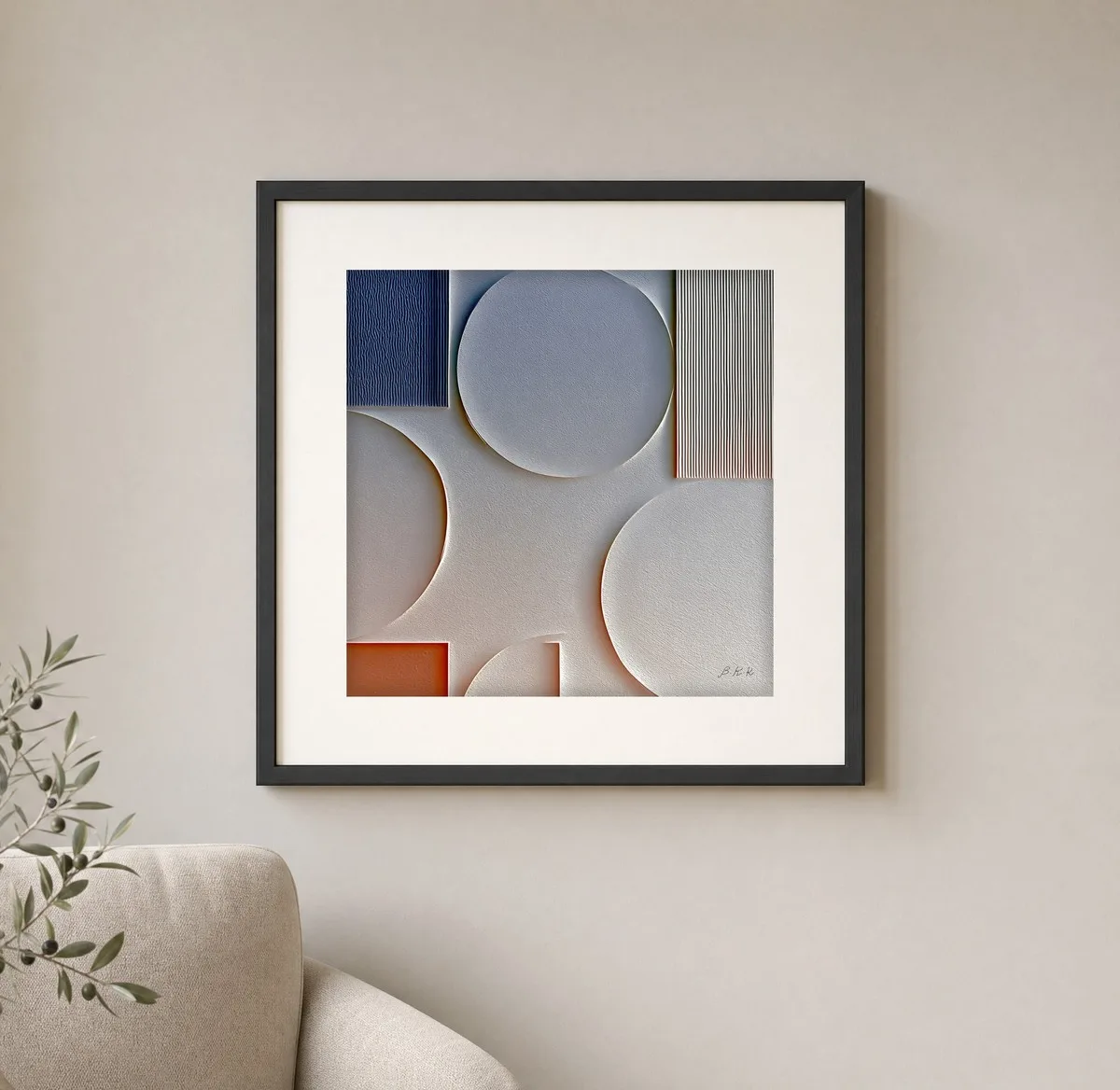 Pale Discs and Pinstripes by Bassem, art print shown framed on a wall