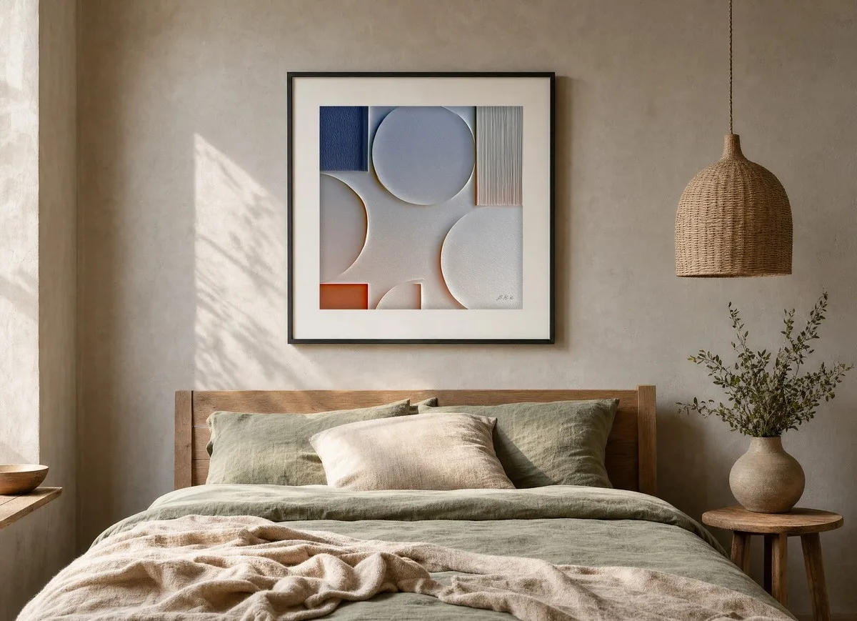 Pale Discs and Pinstripes by Bassem, art print shown framed on a wall