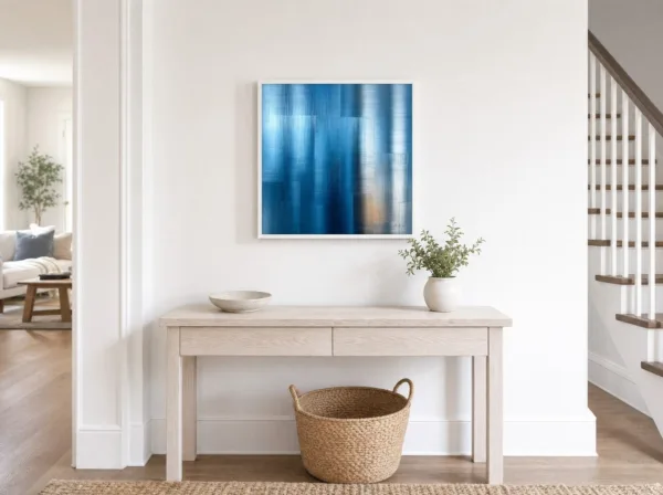 Blue Linen Haze by Bassem, framed print on a wall