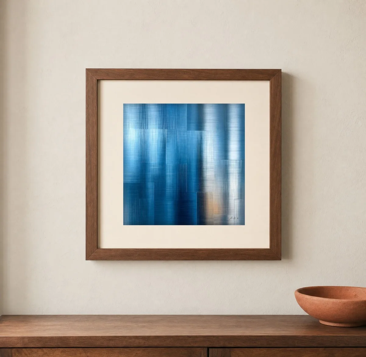 Blue Linen Haze by Bassem, art print shown framed on a wall