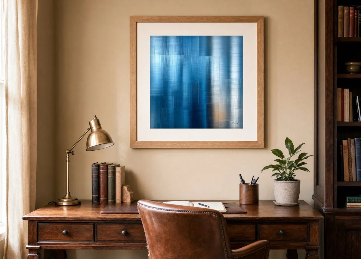 Blue Linen Haze by Bassem, art print shown framed on a wall