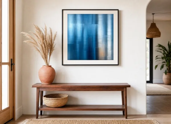 Blue Linen Haze by Bassem, art print shown framed on a wall