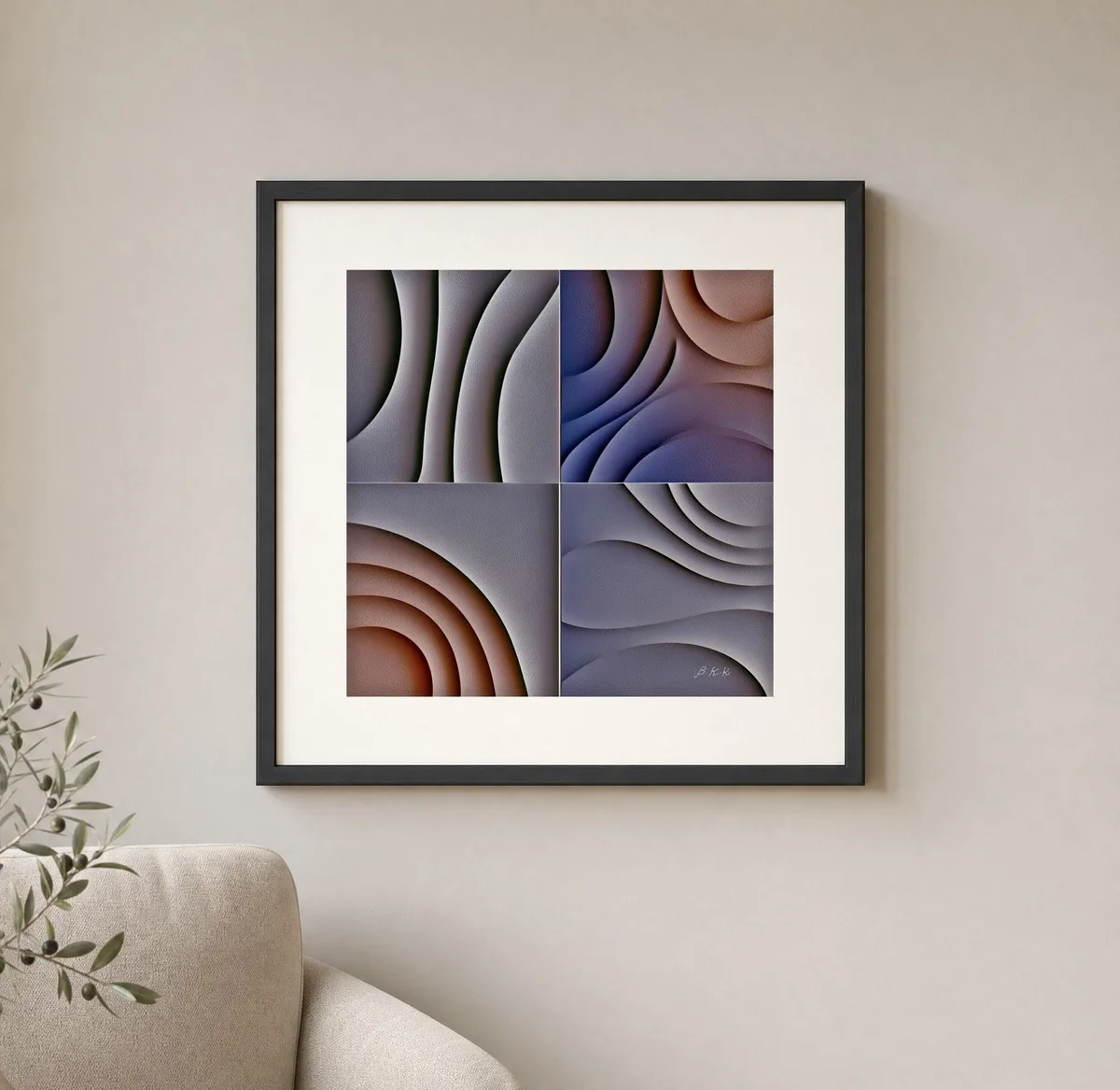 Quartered Plaster Waves by Bassem, art print shown framed on a wall