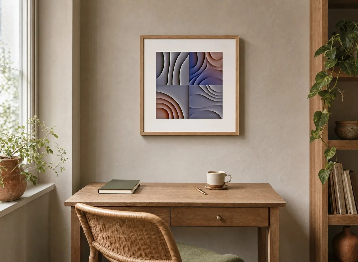 Quartered Plaster Waves by Bassem, art print shown framed on a wall