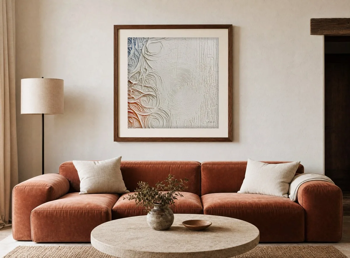 Ripple in White Plaster by Bassem, art print shown framed on a wall