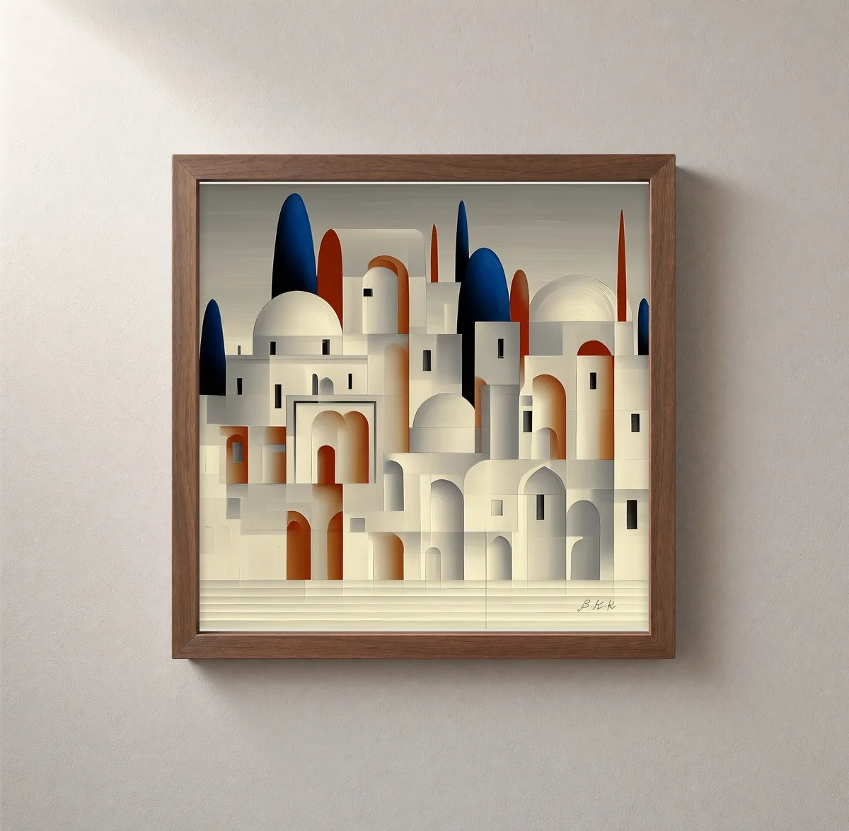 Town Among Tall Cypresses by Bassem, framed print on a wall