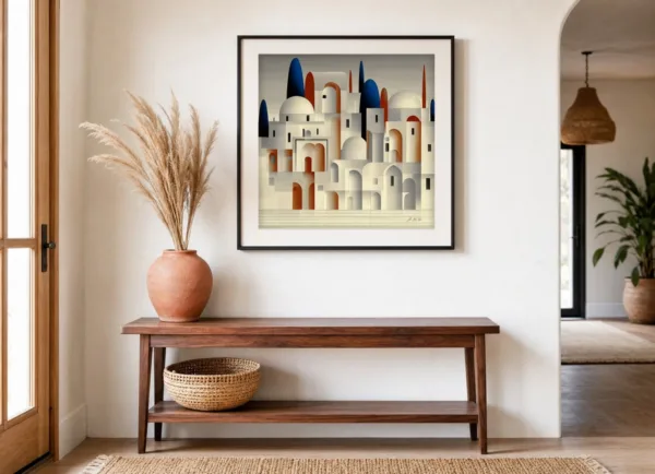ba-0304-town-among-tall-cypresses-print-3-room-entryway-black-v4 Town Among Tall Cypresses by Bassem, art print shown framed on a wall