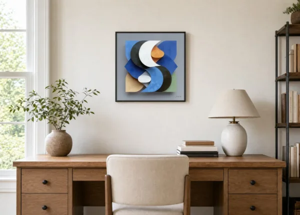 ba-0305-interlocked-crescents-framed-4-thin-room-office-black-v4 Interlocked Crescents by Bassem, framed print on a wall