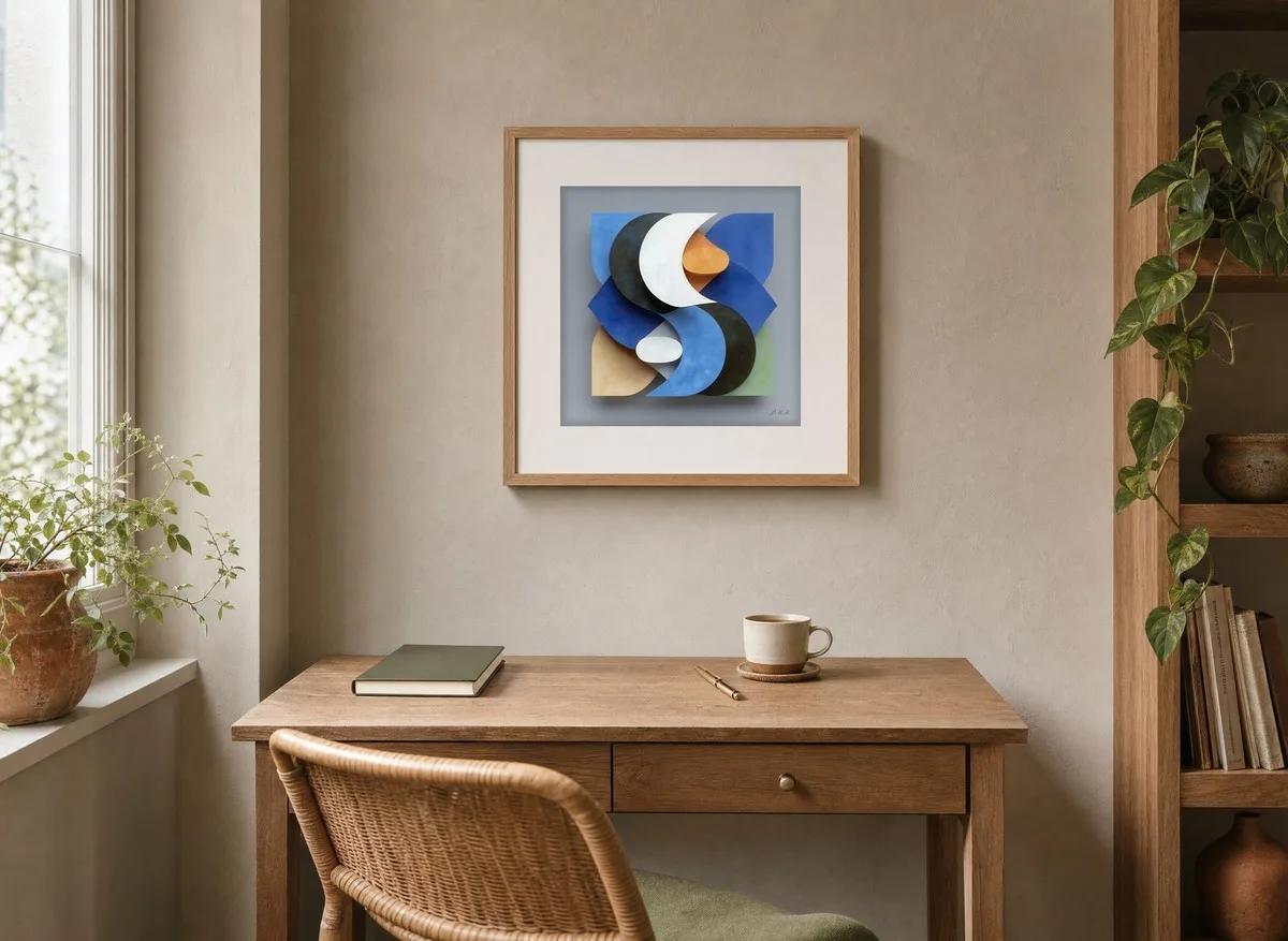 Interlocked Crescents by Bassem, art print shown framed on a wall
