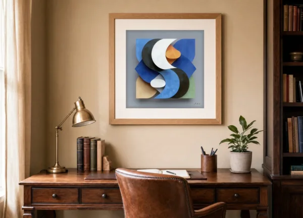 ba-0305-interlocked-crescents-print-3-room-study-oak-v4 Interlocked Crescents by Bassem, art print shown framed on a wall