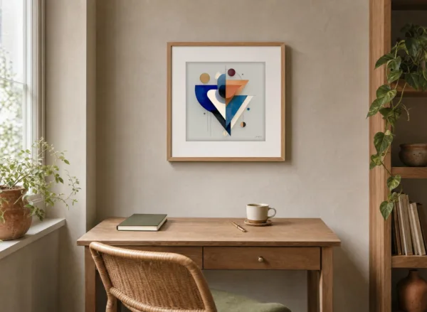 ba-0306-suspended-triangles-print-3-room-reading-oak-v4 Suspended Triangles by Bassem, art print shown framed on a wall