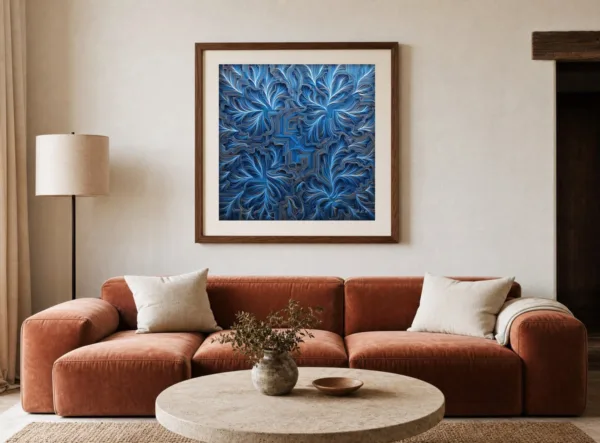 Blue Frost Maze by Bassem, art print shown framed on a wall