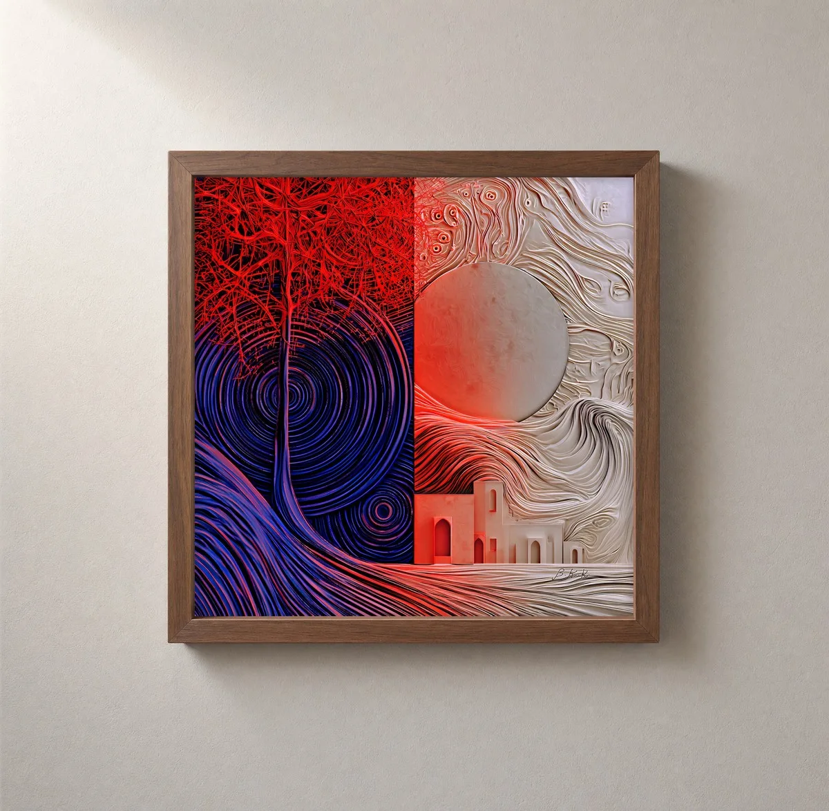 Red Tree, Pale Moon by Bassem, framed print on a wall