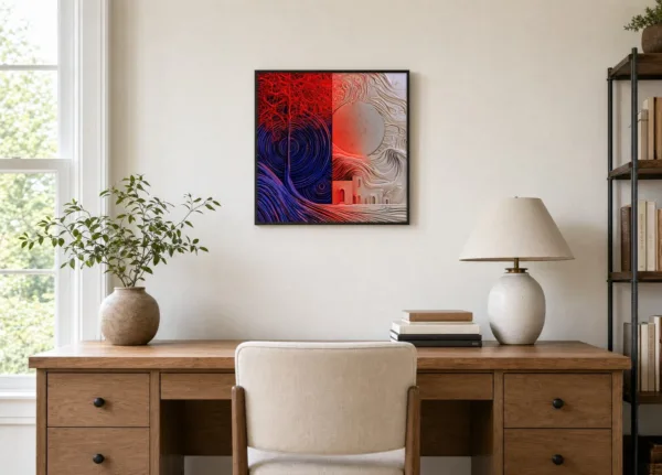 Red Tree, Pale Moon by Bassem, framed print on a wall