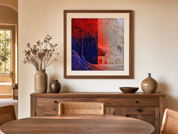 ba-0308-red-tree-pale-moon-print-3-room-dining-walnut-v4 Red Tree, Pale Moon by Bassem, art print shown framed on a wall