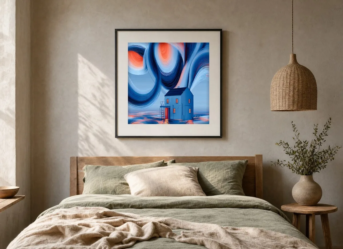 House Beneath the Swirl by Bassem, art print shown framed on a wall