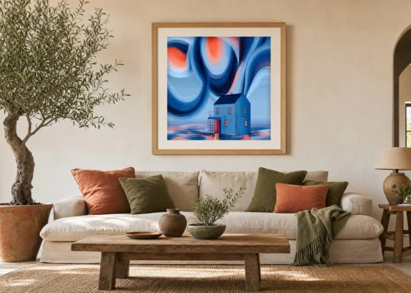 ba-0310-house-beneath-the-swirl-print-3-room-living-oak-v4 House Beneath the Swirl by Bassem, art print shown framed on a wall