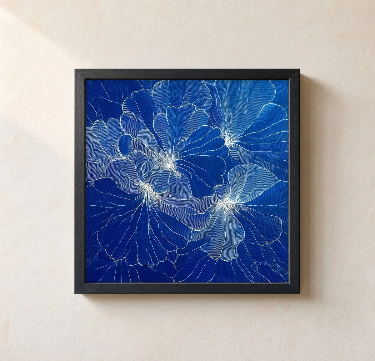 Blossoms Drawn in White by Bassem, framed print on a wall