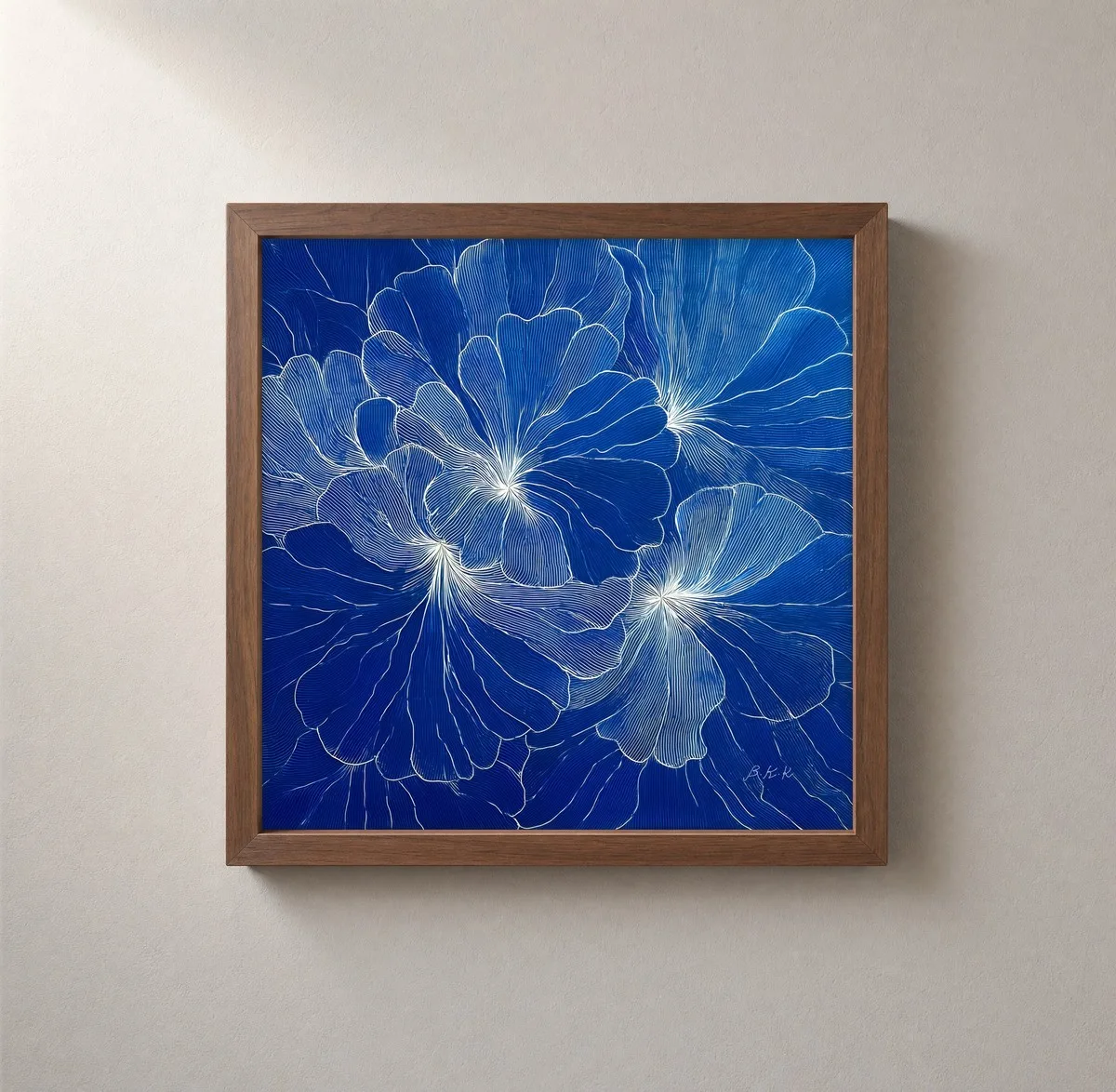 Blossoms Drawn in White by Bassem, framed print on a wall
