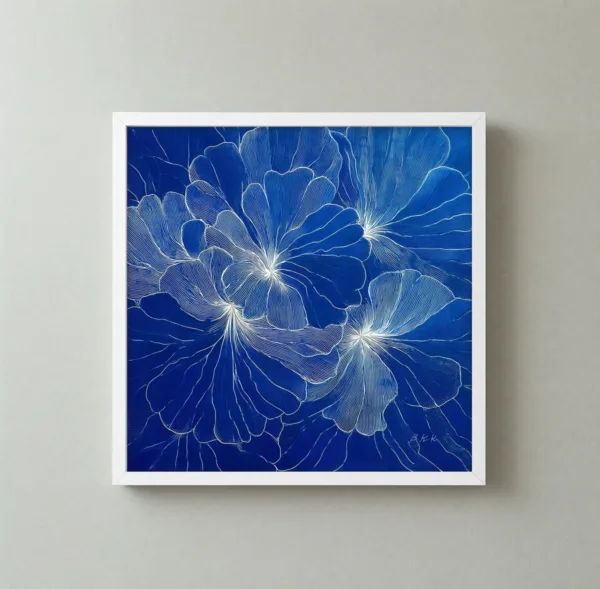 Blossoms Drawn in White by Bassem, framed print on a wall