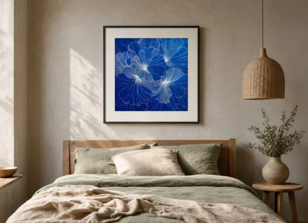 ba-0311-blossoms-drawn-in-white-print-3-room-bedroom-black-v4 Blossoms Drawn in White by Bassem, art print shown framed on a wall