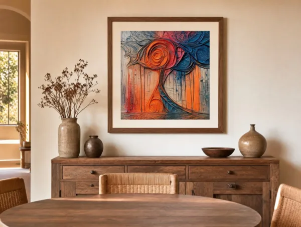 ba-0316-rosette-above-the-rain-print-3-room-dining-walnut-v4 Rosette Above the Rain by Bassem, art print shown framed on a wall