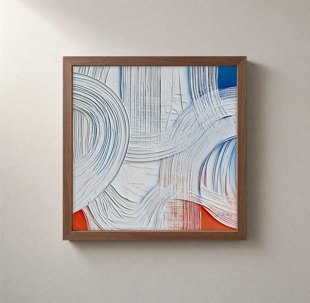 ba-0317-white-loops-over-fire-framed-2-thin-closeup-walnut-v4 White Loops Over Fire by Bassem, framed print on a wall
