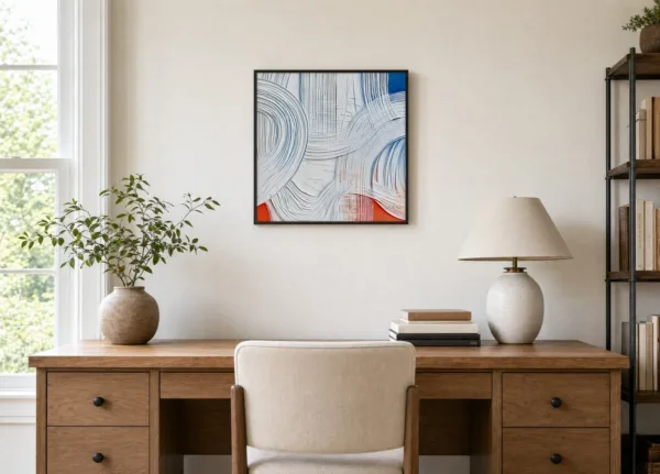 ba-0317-white-loops-over-fire-framed-4-thin-room-office-black-v4 White Loops Over Fire by Bassem, framed print on a wall