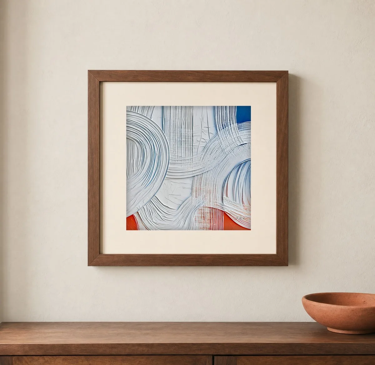 White Loops Over Fire by Bassem, art print shown framed on a wall