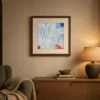 White Loops Over Fire by Bassem, art print shown framed on a wall