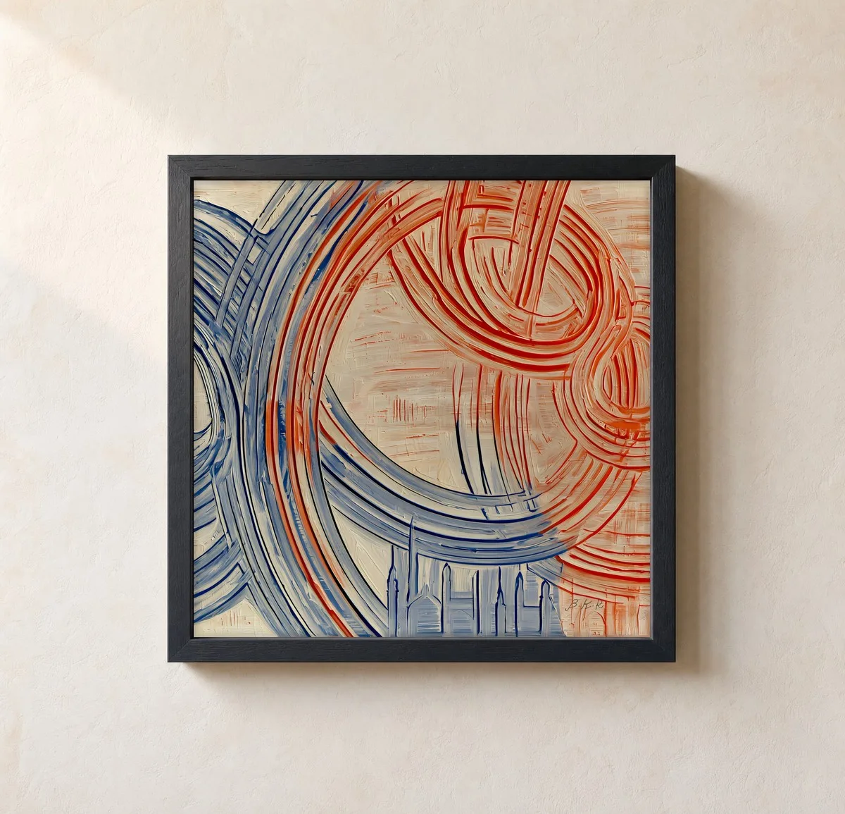 Rings Above the Spires by Bassem, framed print on a wall