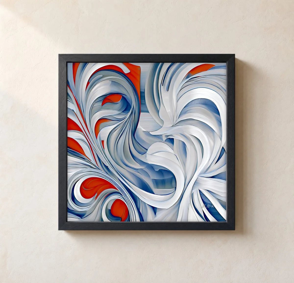 Windblown White Ribbons by Bassem, framed print on a wall