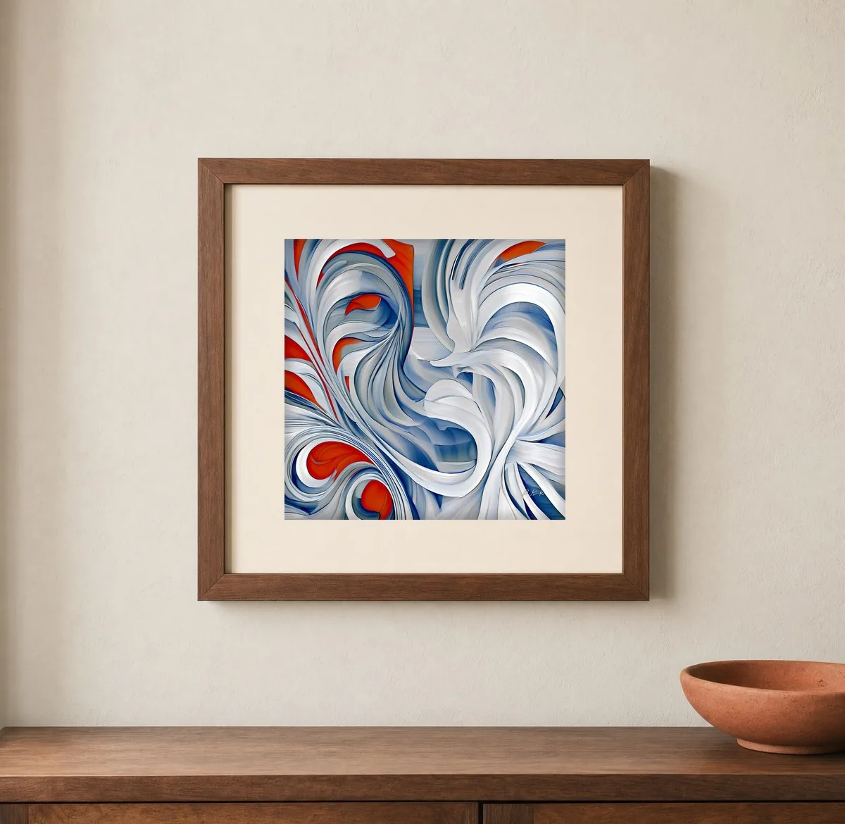 Windblown White Ribbons by Bassem, art print shown framed on a wall