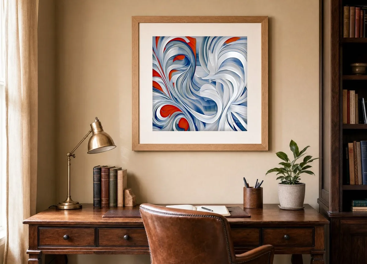 Windblown White Ribbons by Bassem, art print shown framed on a wall