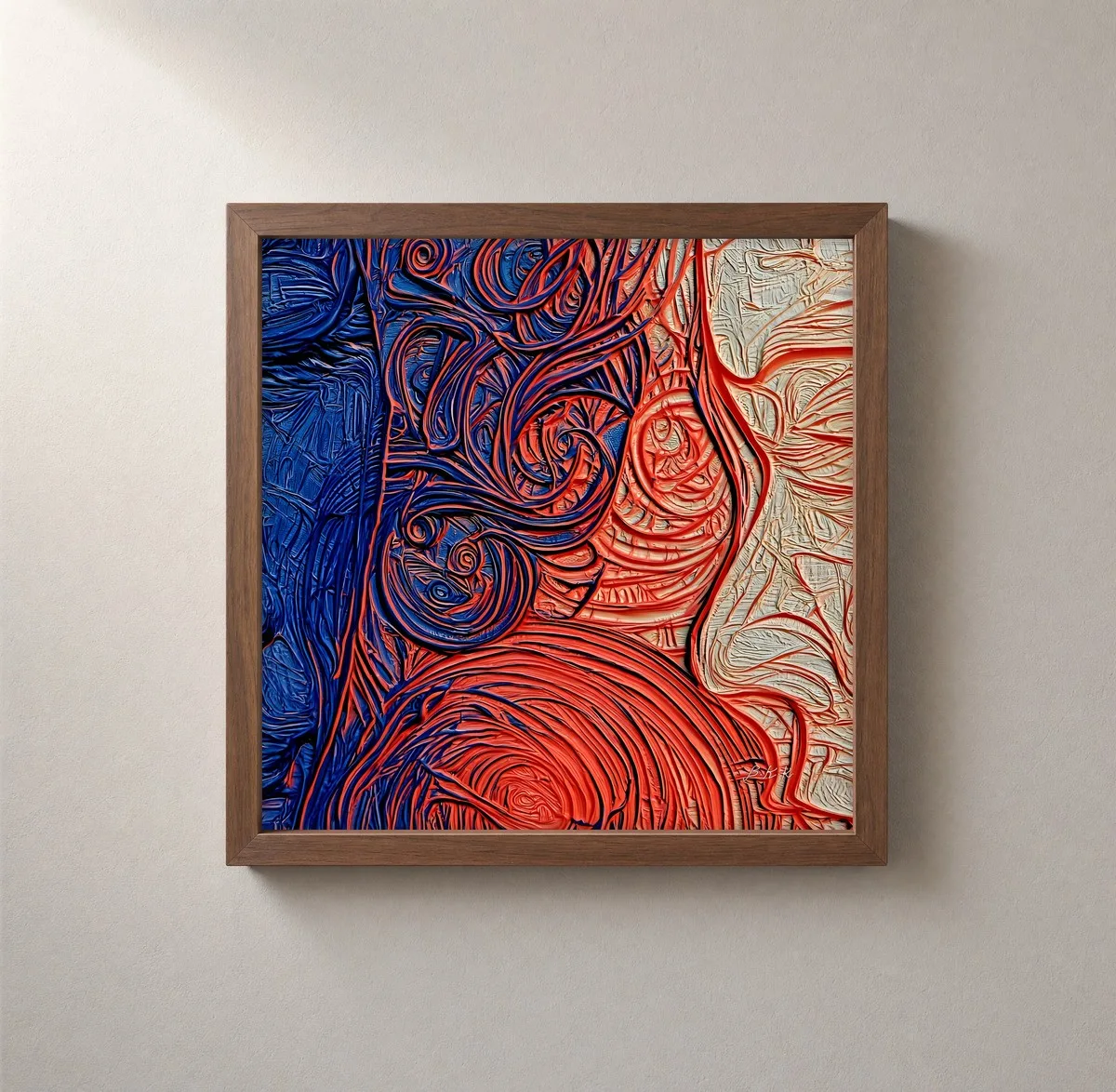 Coral Coils Rising by Bassem, framed print on a wall