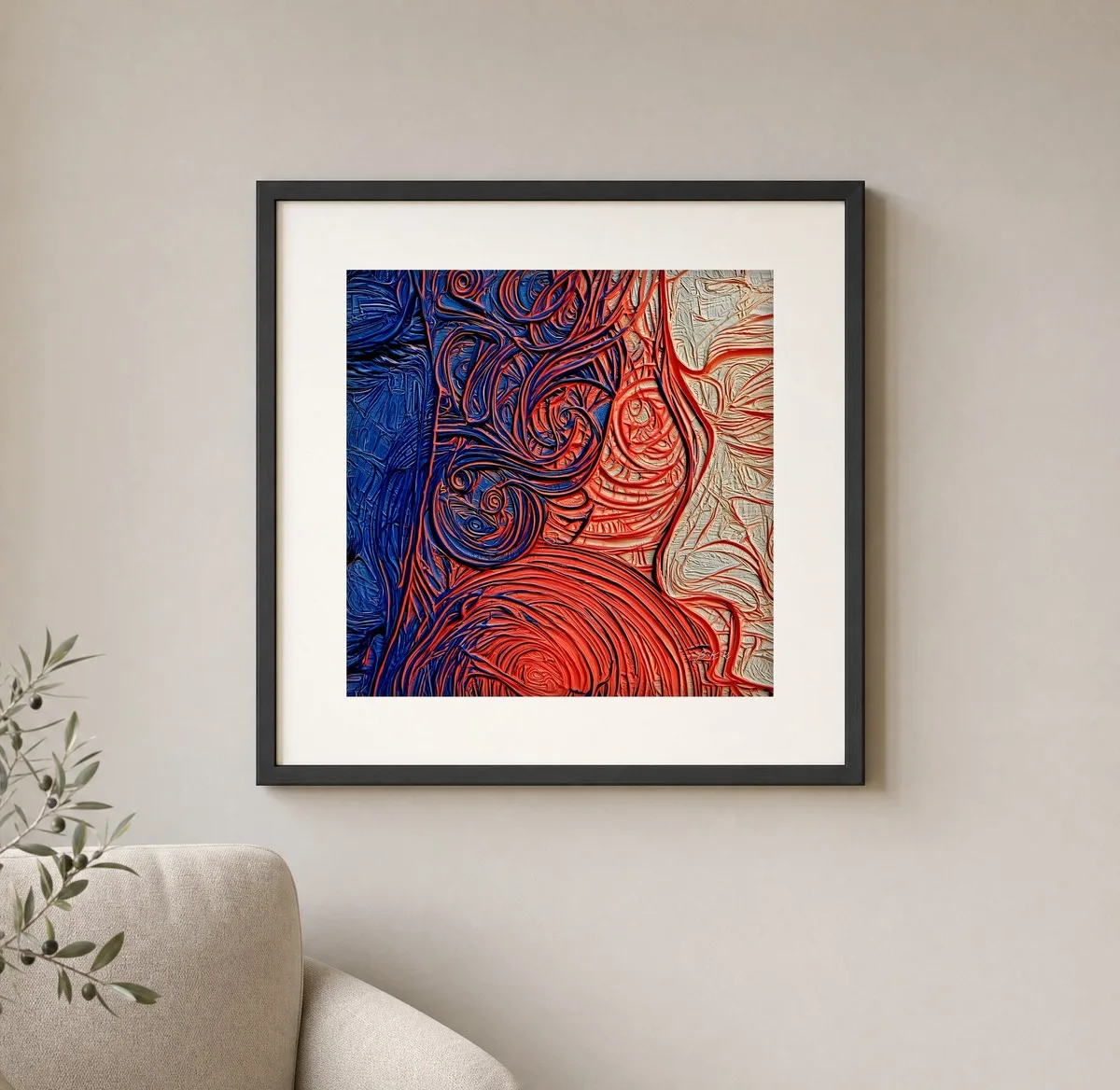 ba-0321-coral-coils-rising-print-1-closeup-black-v4 Coral Coils Rising by Bassem, art print shown framed on a wall