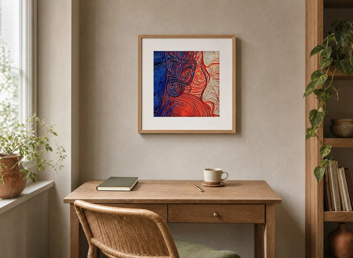 ba-0321-coral-coils-rising-print-2-room-reading-oak-v4 Coral Coils Rising by Bassem, art print shown framed on a wall