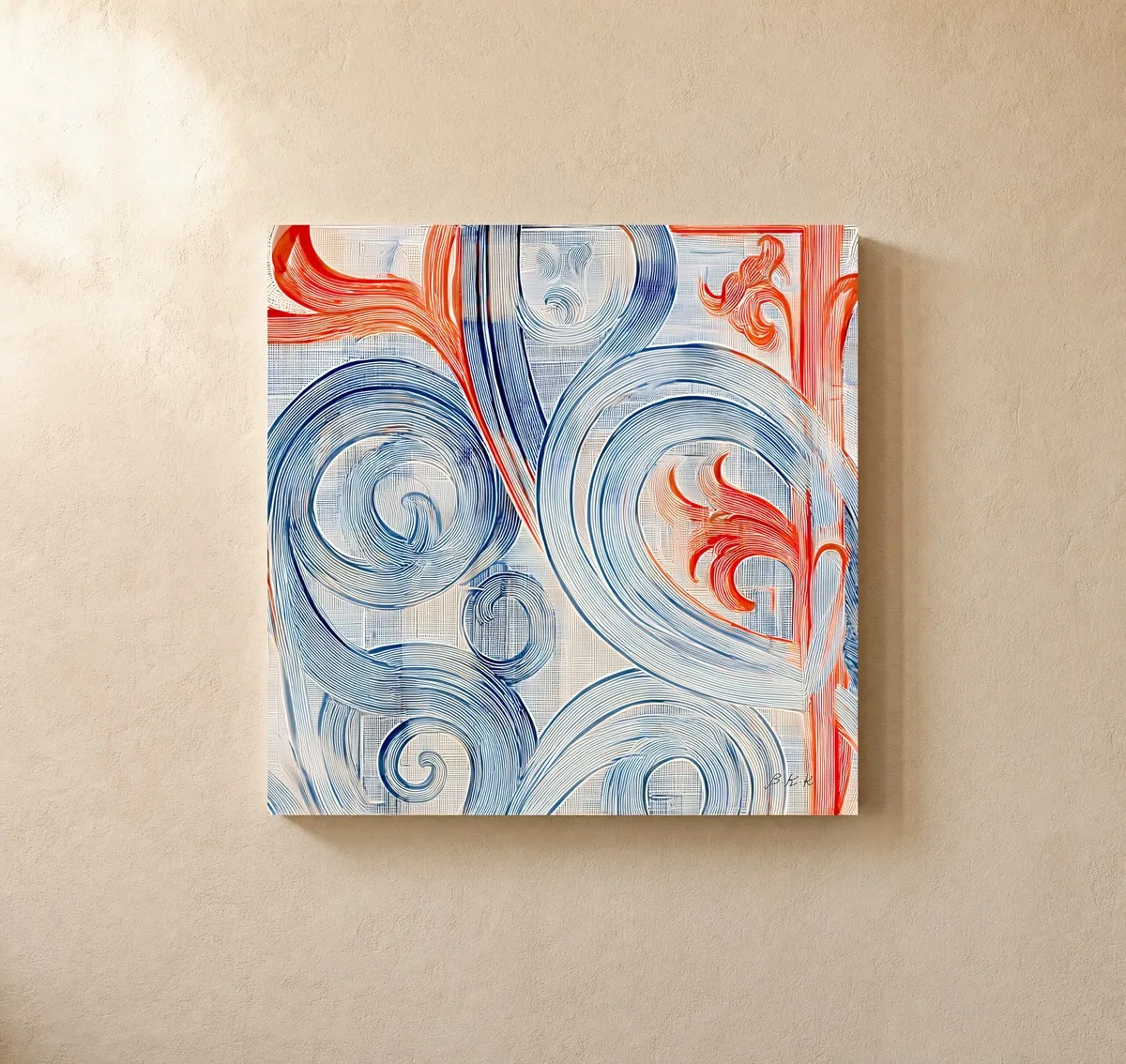 ba-0322-coral-leaves-among-scrolls-canvas-1-canvas-closeup-limewash-v4 Coral Leaves Among Scrolls by Bassem, canvas on a wall