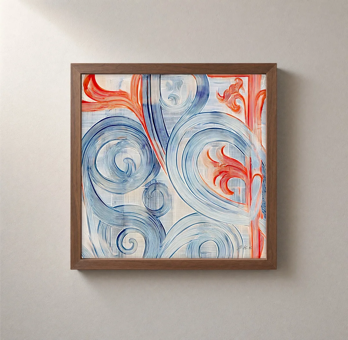 Coral Leaves Among Scrolls by Bassem, framed print on a wall