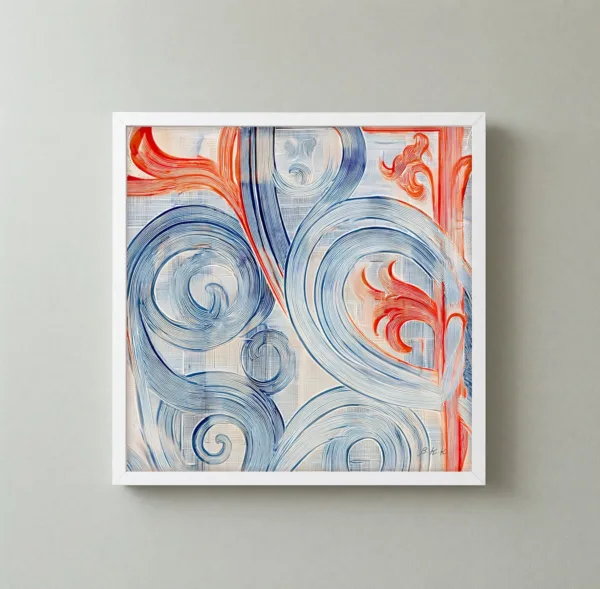 Coral Leaves Among Scrolls by Bassem, framed print on a wall
