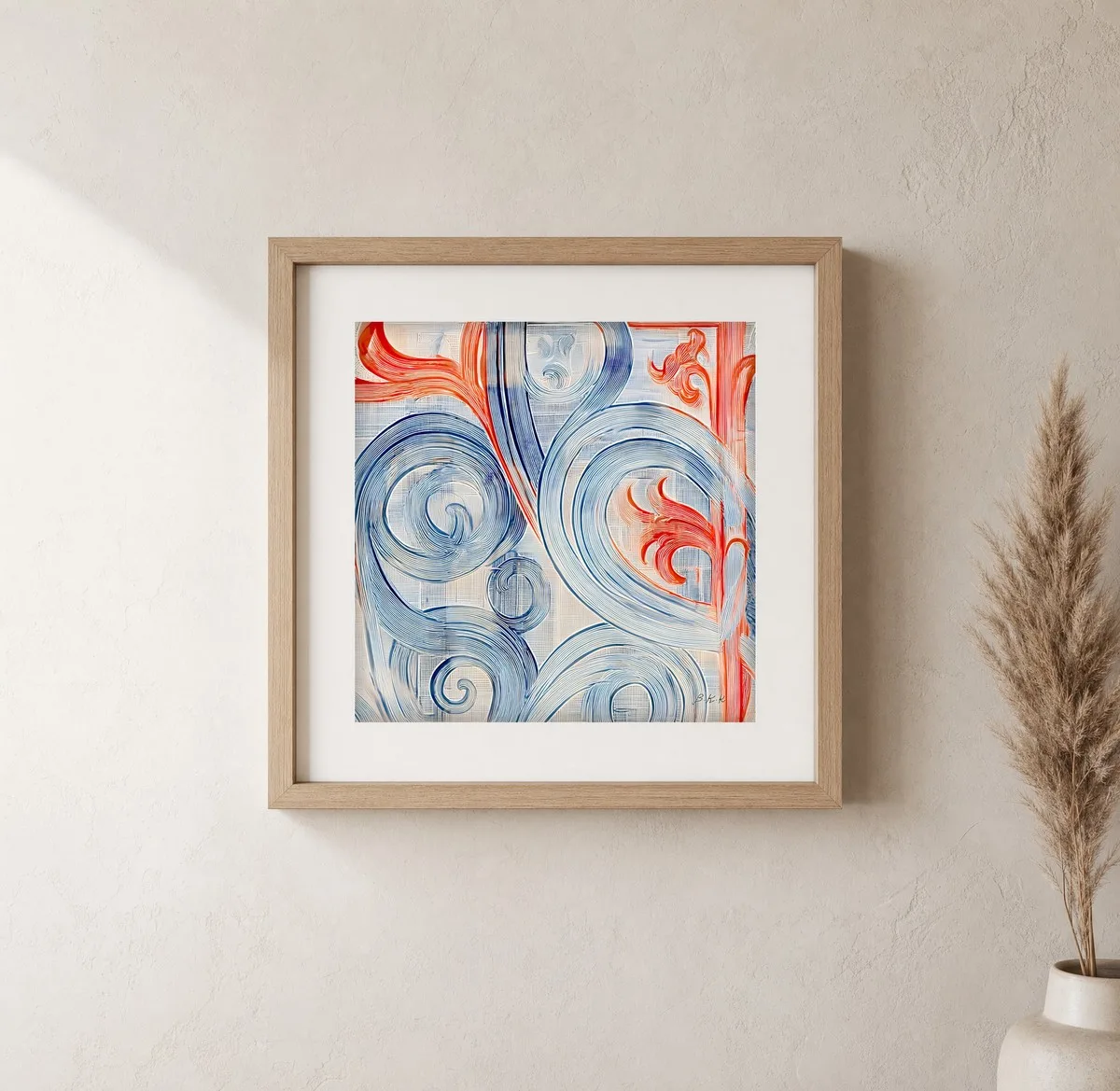 Coral Leaves Among Scrolls by Bassem, art print shown framed on a wall
