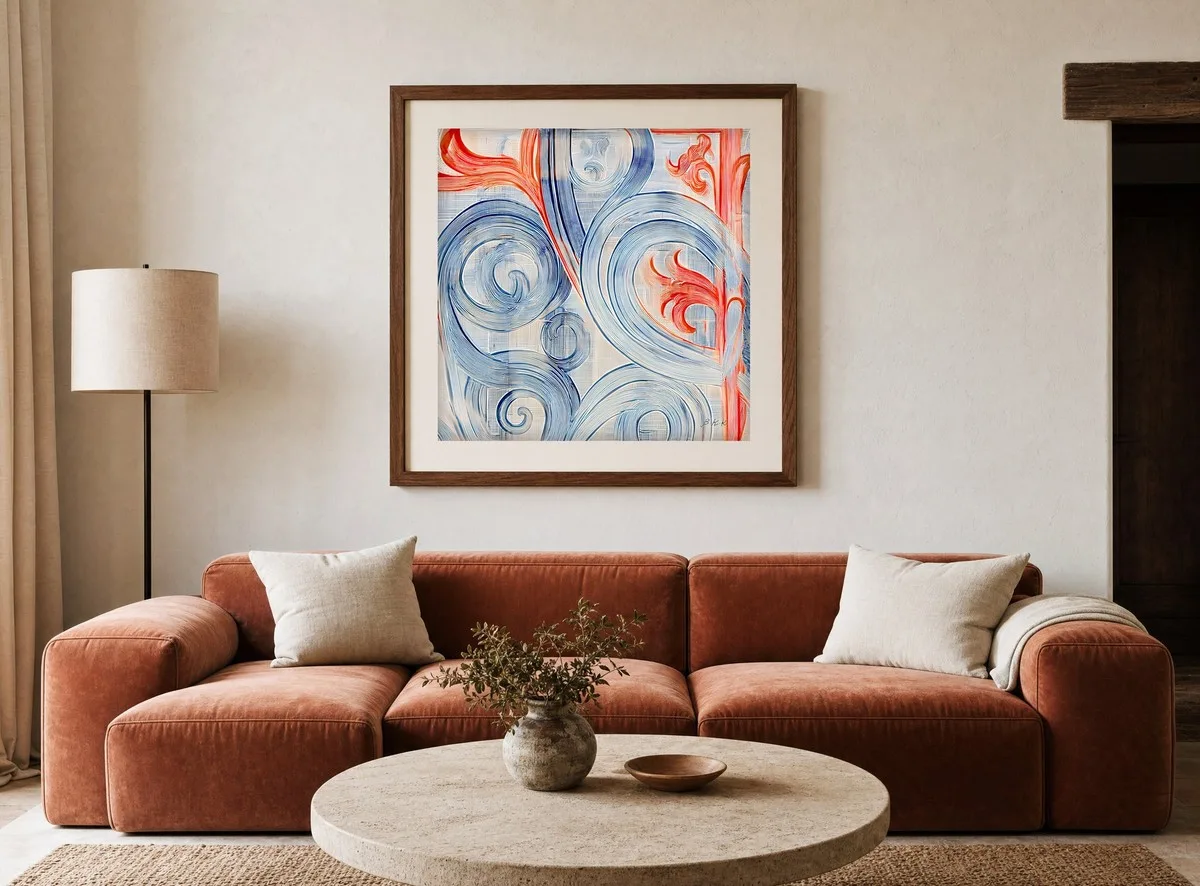 Coral Leaves Among Scrolls by Bassem, art print shown framed on a wall