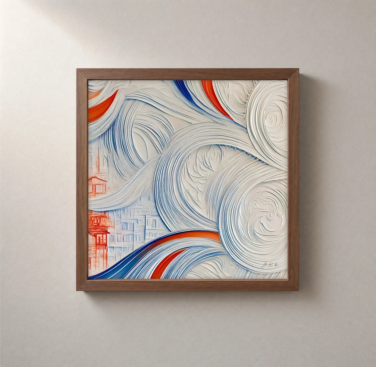 Houses Behind White Waves by Bassem, framed print on a wall
