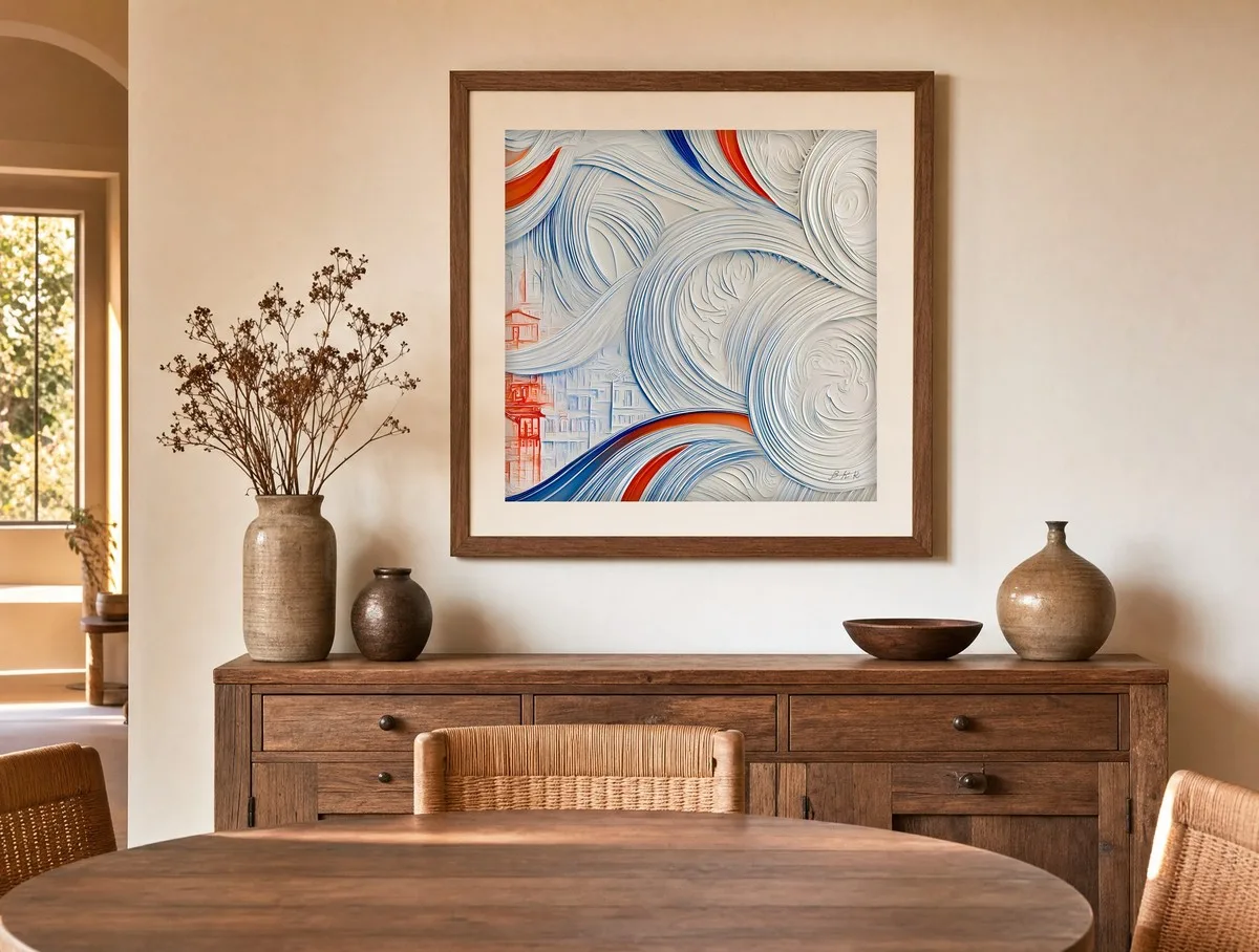 Houses Behind White Waves by Bassem, art print shown framed on a wall