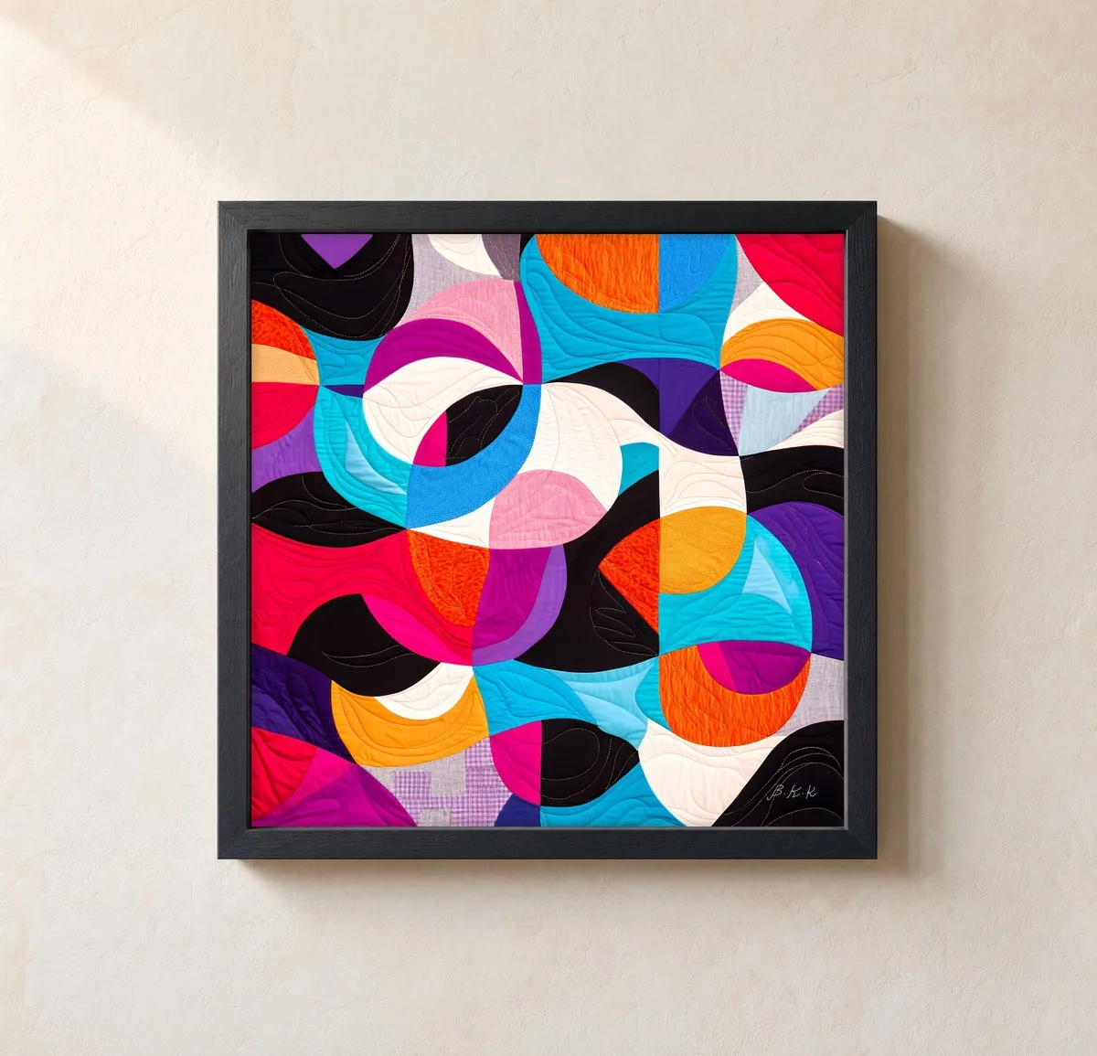 The Patchwork Whirl by Bassem, framed print on a wall