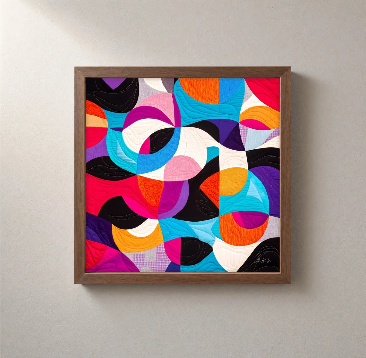 The Patchwork Whirl by Bassem, framed print on a wall