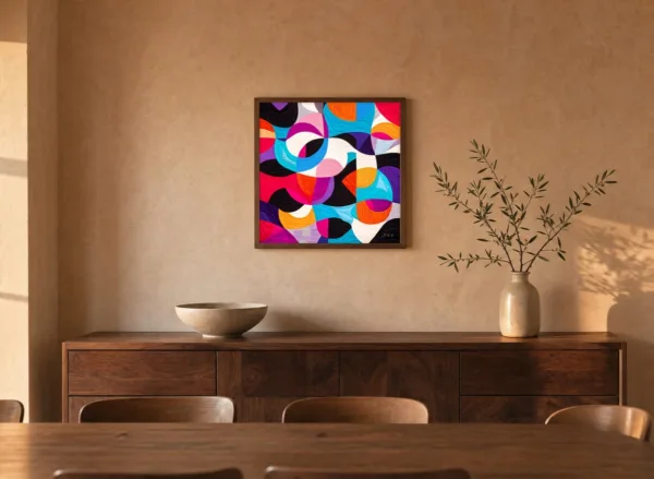 ba-0324-the-patchwork-whirl-framed-4-thin-room-dining-walnut-v4 The Patchwork Whirl by Bassem, framed print on a wall