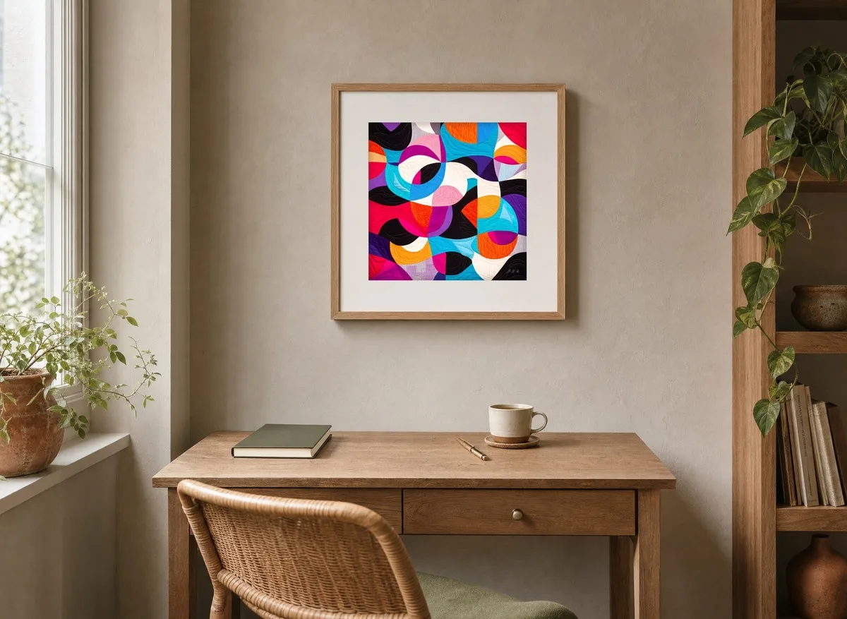 The Patchwork Whirl by Bassem, art print shown framed on a wall