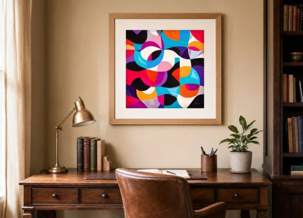 The Patchwork Whirl by Bassem, art print shown framed on a wall